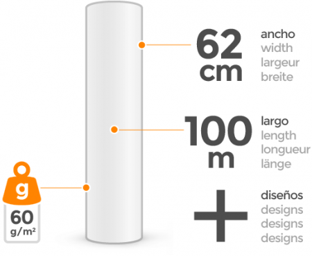 Croquis medidas bobinas 62 cm x 100 metros 60 g/m2