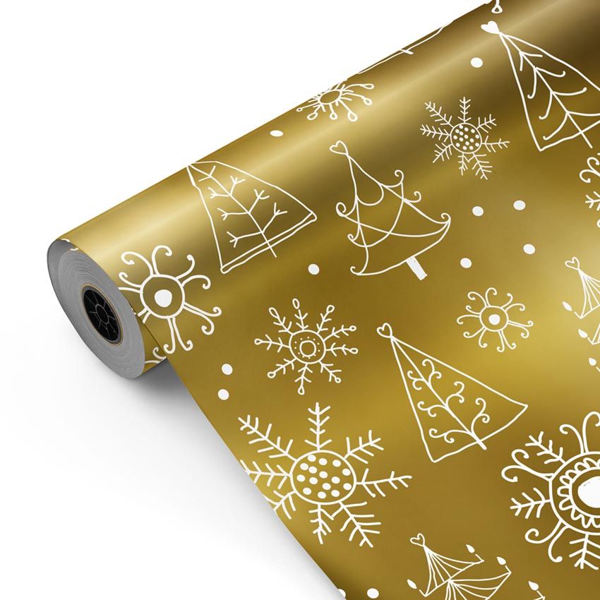 Bobina papel de regalo Navidad con abetos y copos de nieve Oro - Fiesta Paper