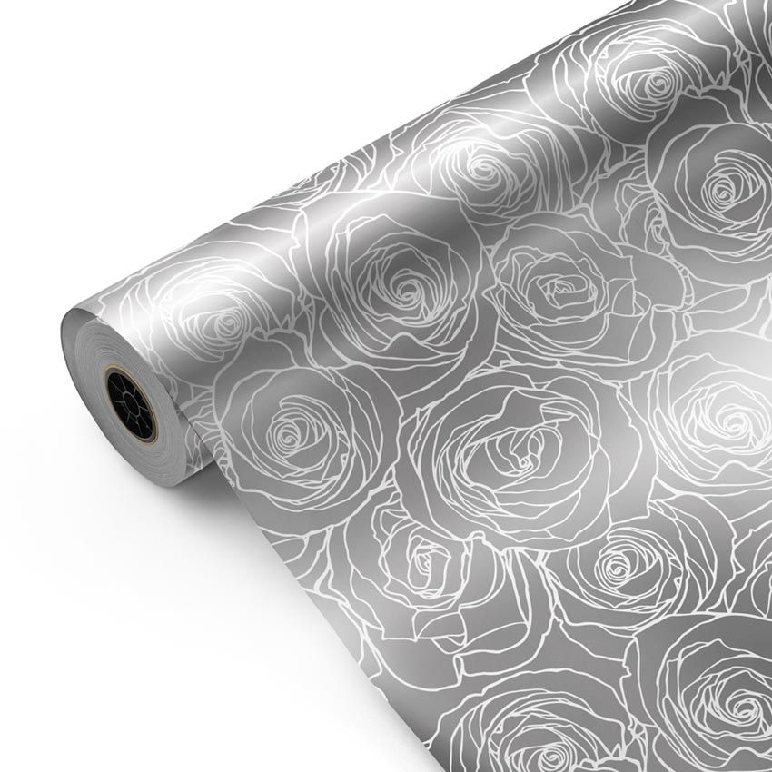 Bobina de papel de regalo color Plata con rosas blancas - Fiesta Paper - mockup