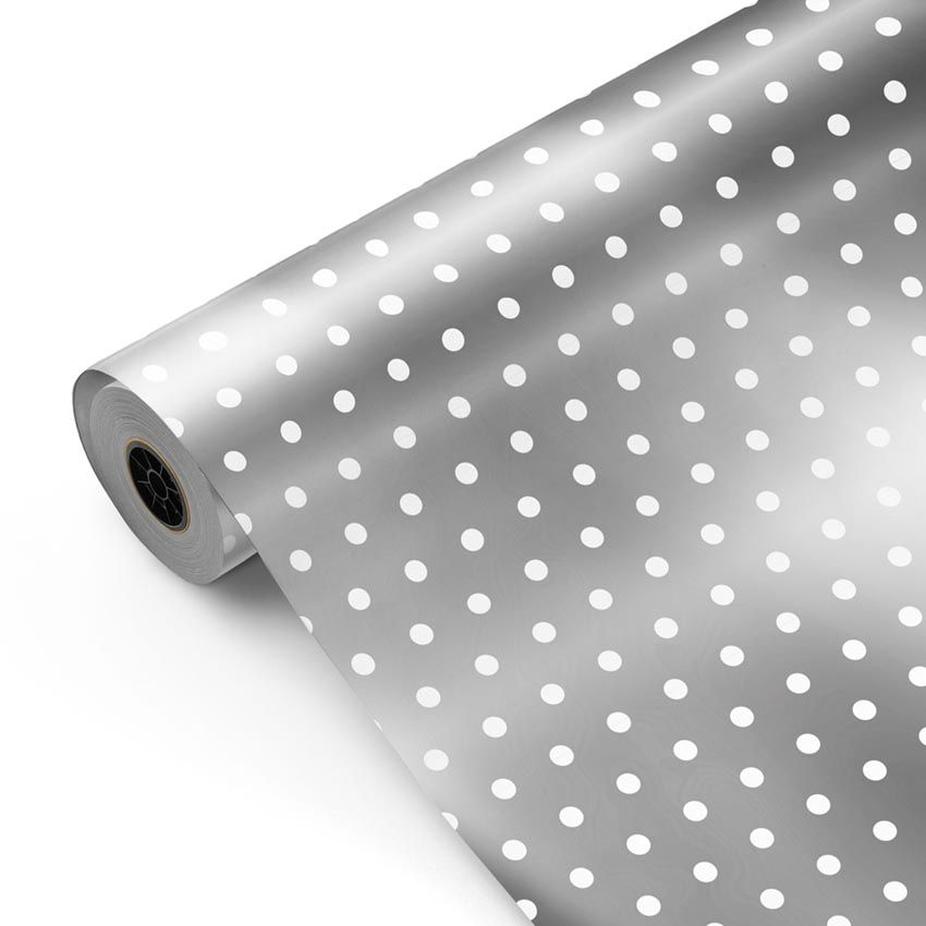 Bobina de papel de regalo topos-lunares blancos color Plata - Fiesta Paper - mockup